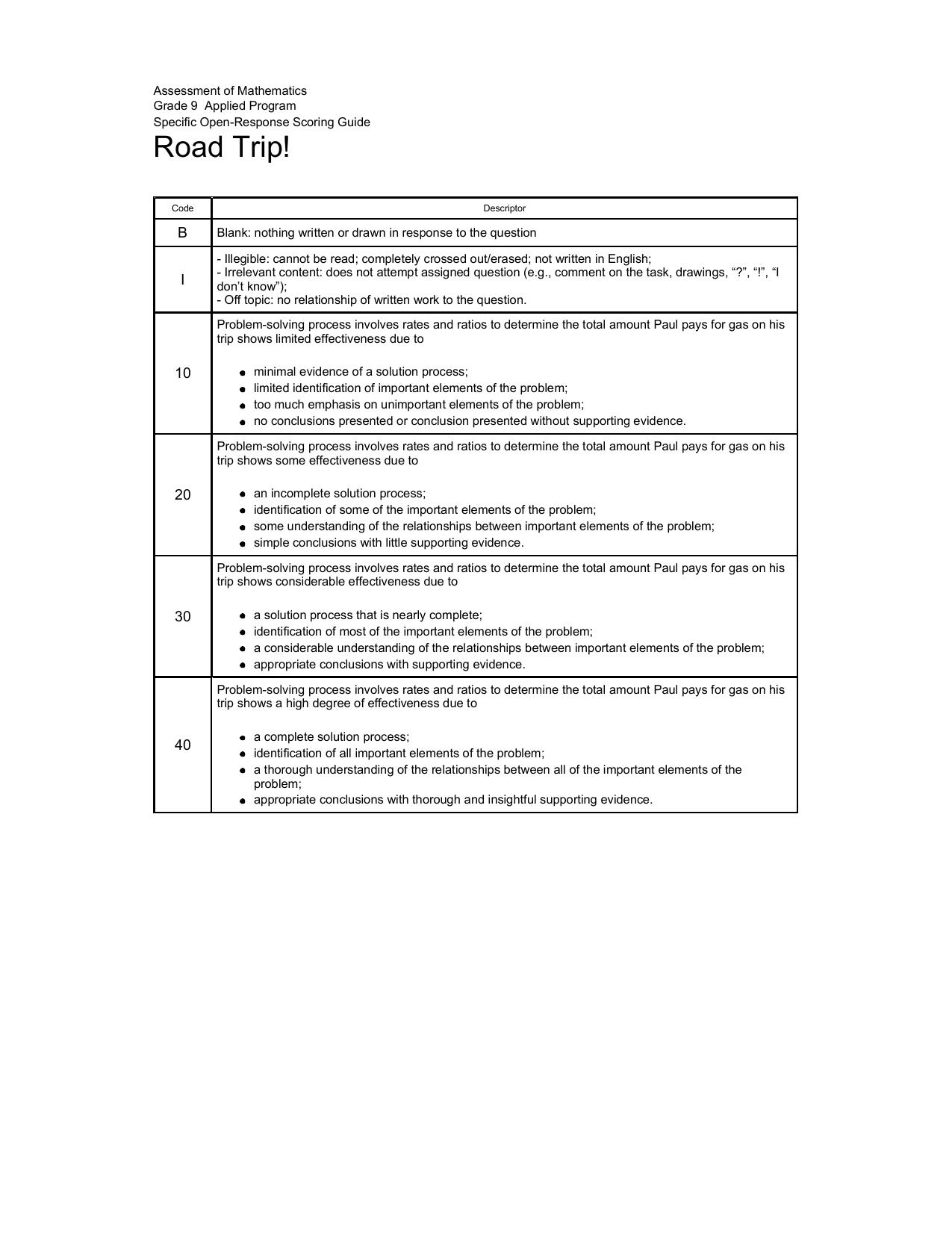EQAO - Applied - Scoring Guide - Proportional Reasoning by Road Trip! (2012)