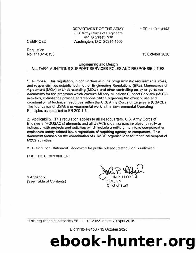 ER 1110-1-8153, Military Munitions Support Services Roles and Responsibilities by CEMP-CED
