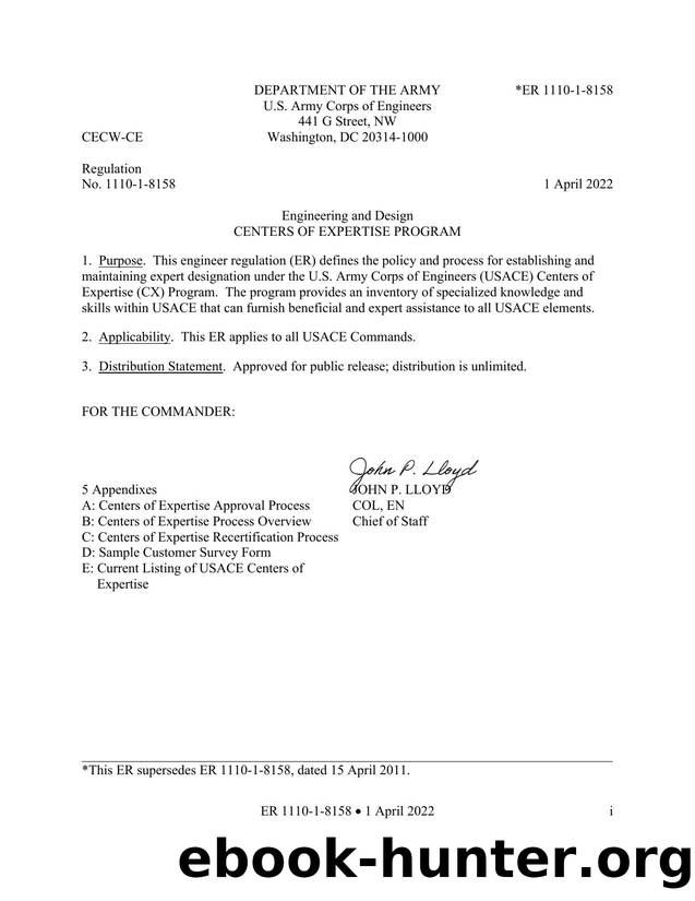 ER 1110-1-8158, Centers of Expertise Program by CECW-CE