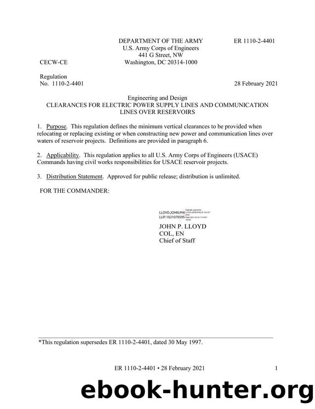 ER 1110-2-4401, Clearances for Electric Power Supply Lines and Communication Lines Over Reservoirs by CECW-CE