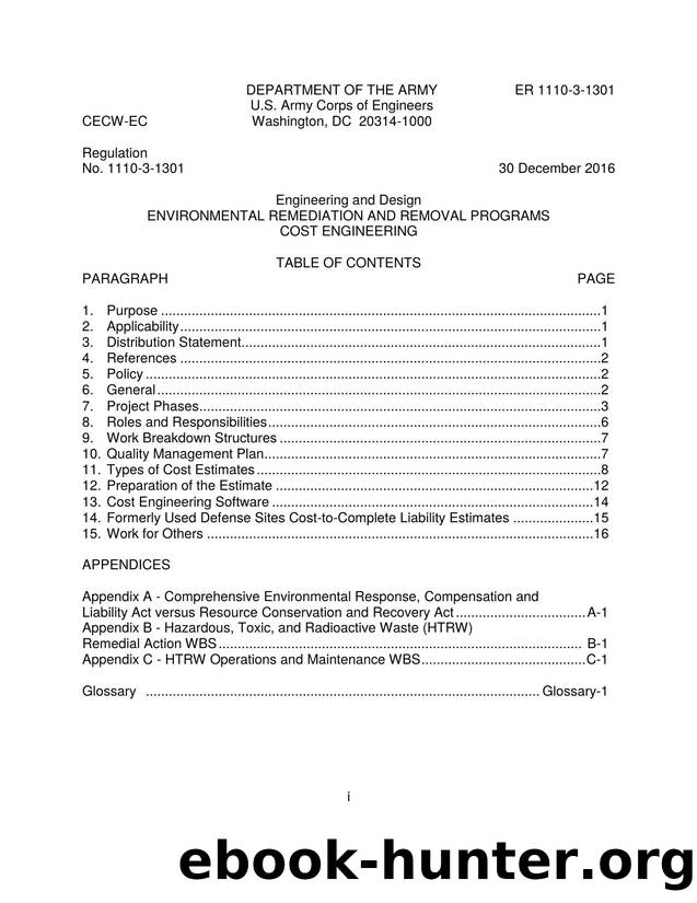ER 1110-3-1301 Environmental Remediation and Removal Programs Cost Engineering by CECW-EC
