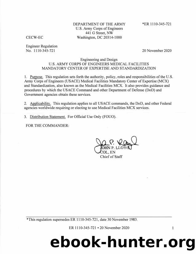 ER 1110-345-721, U.S. Army Corps of Engineers Medical Facilities Mandatory Center of Expertise and Standardization by CECW-EC