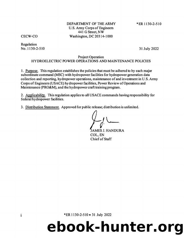 ER 1130-2-510, Hydroelectric Power Operations and Maintenance Policies. by CECW-CO