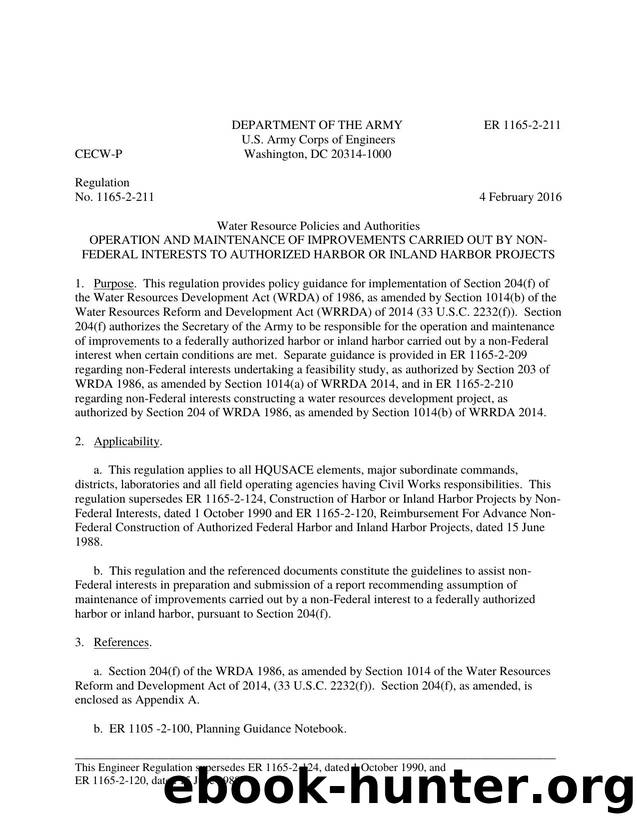 ER 1165-2-211 - Operation and Maintenance of Improvements carried out by non-federal interests to authorized harbor or inalnd harbor projects by CECW-P