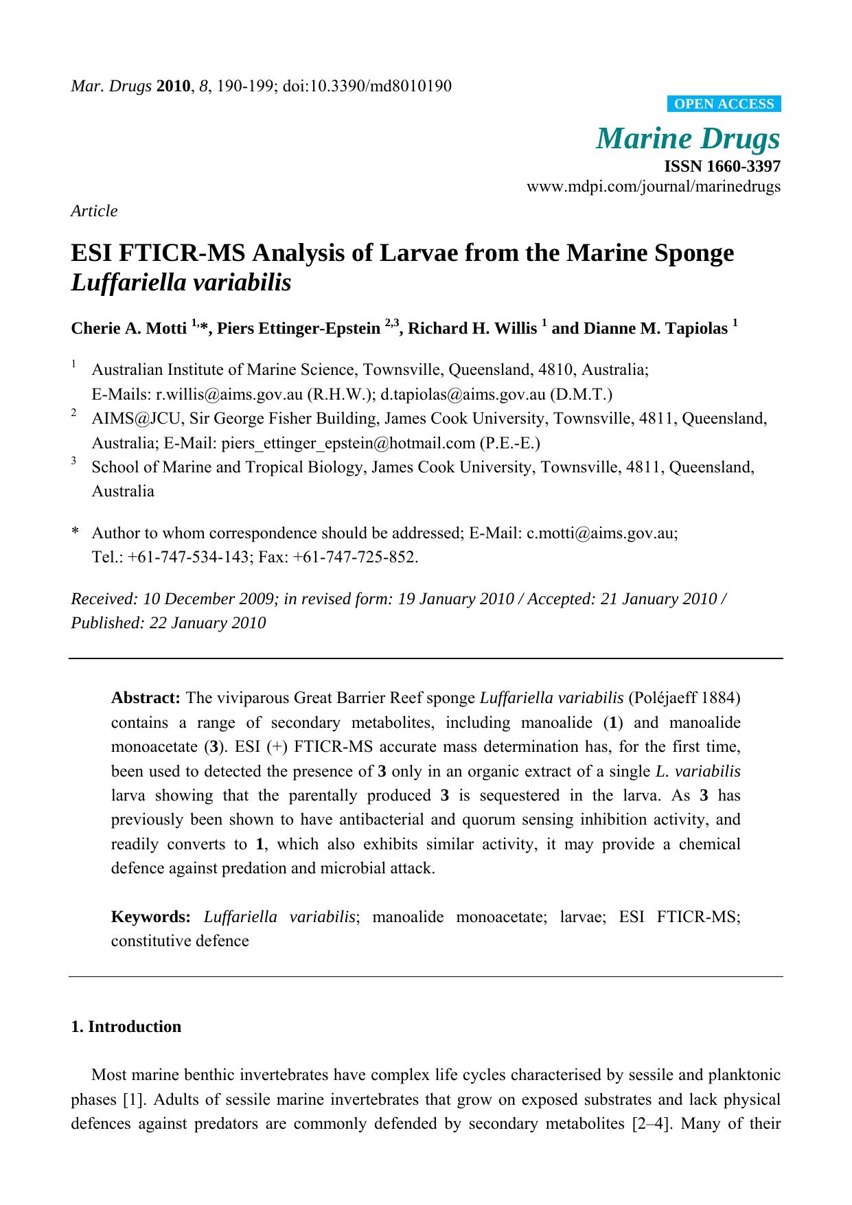 ESI FTICR-MS Analysis of Larvae from the Marine Sponge Luffariella variabilis by Cherie A. Motti & Piers Ettinger-Epstein & Richard H. Willis & Dianne M. Tapiolas