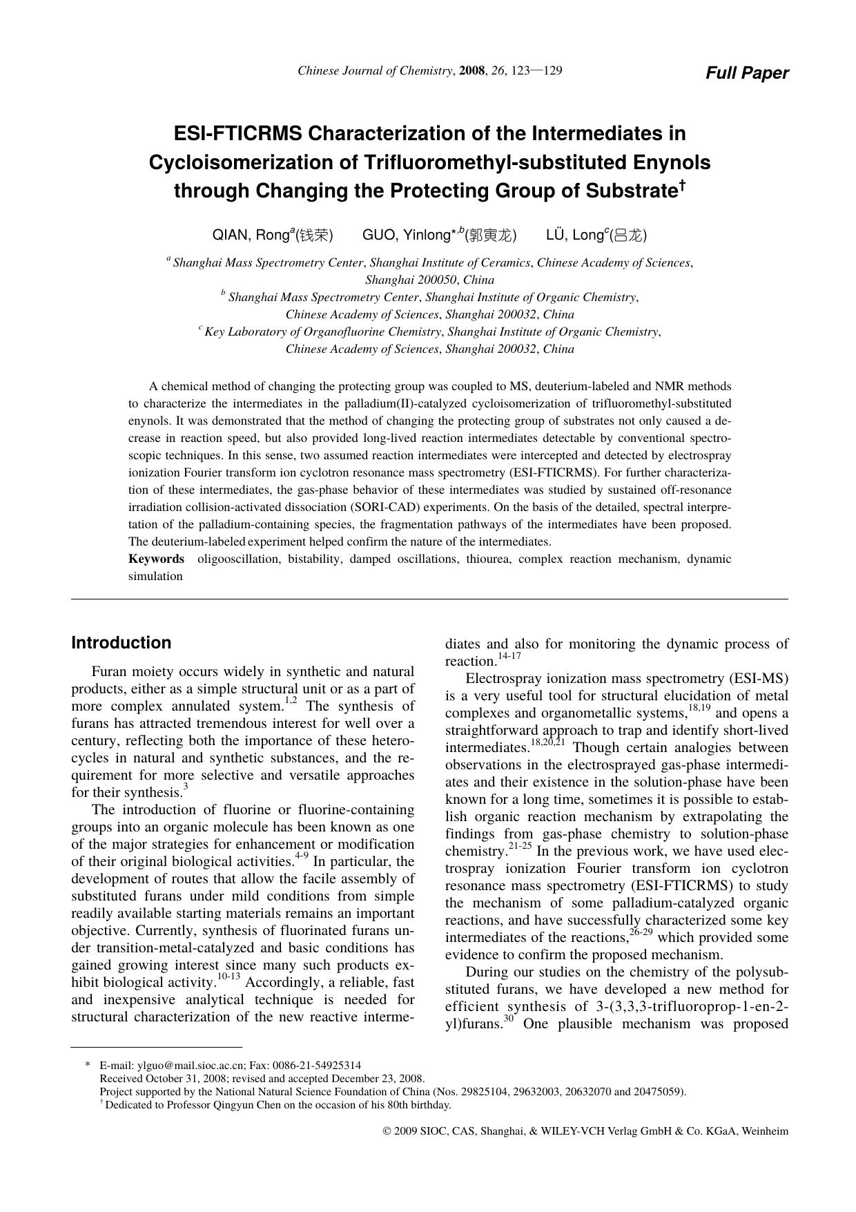 ESI-FTICRMS Characterization of the Intermediates in Cycloisomerization of Trifluoromethyl-substituted Enynols through Changing the Protecting Group of Substrate by uy