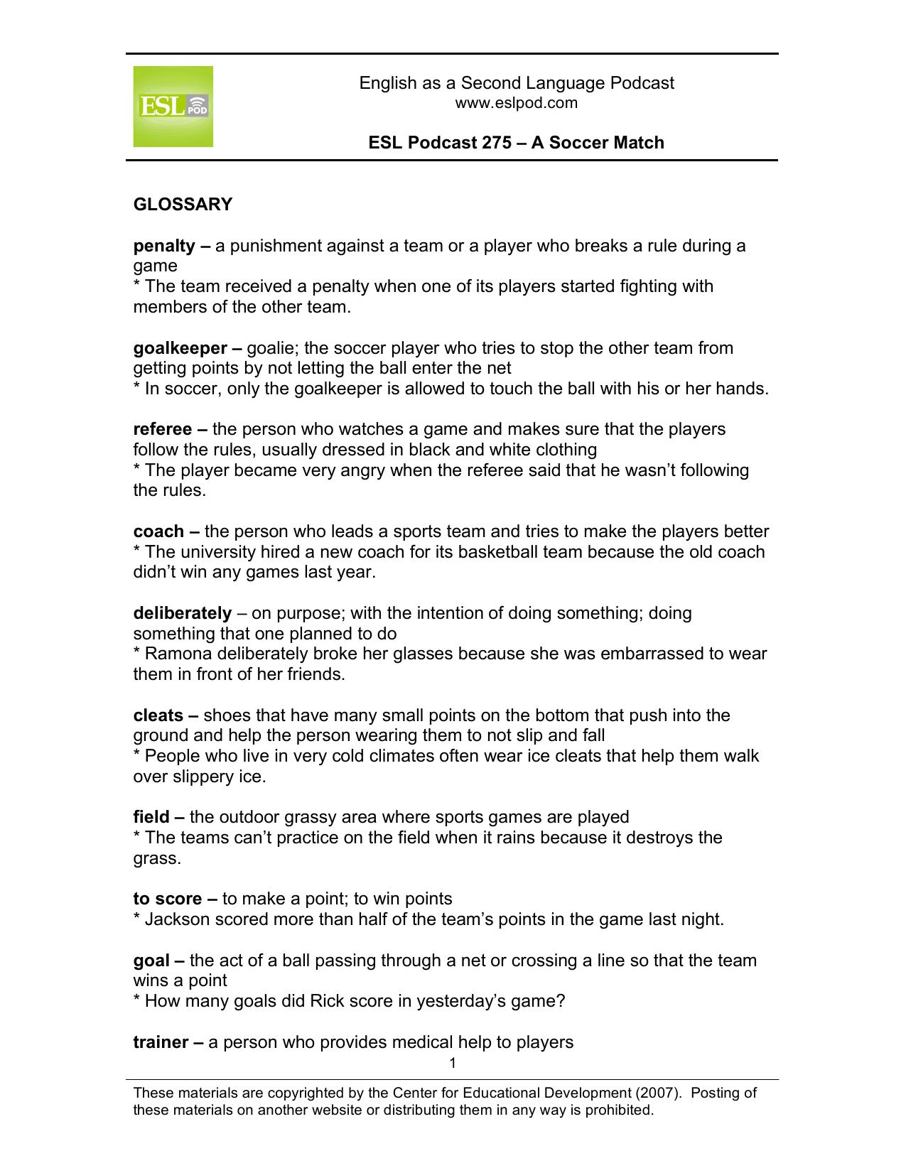 ESL Podcast 275 â A Soccer Match by Unknown