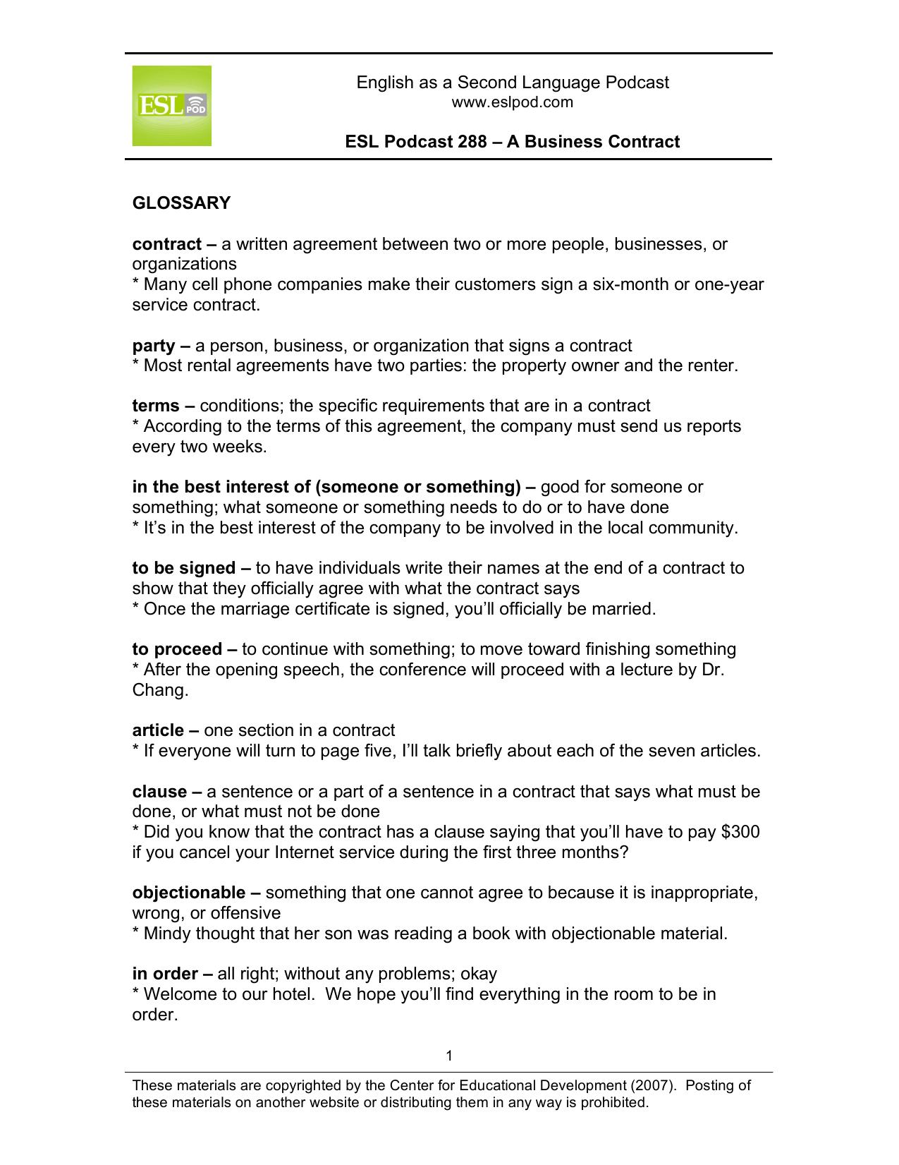 ESL Podcast 288 â A Business Contract by Unknown