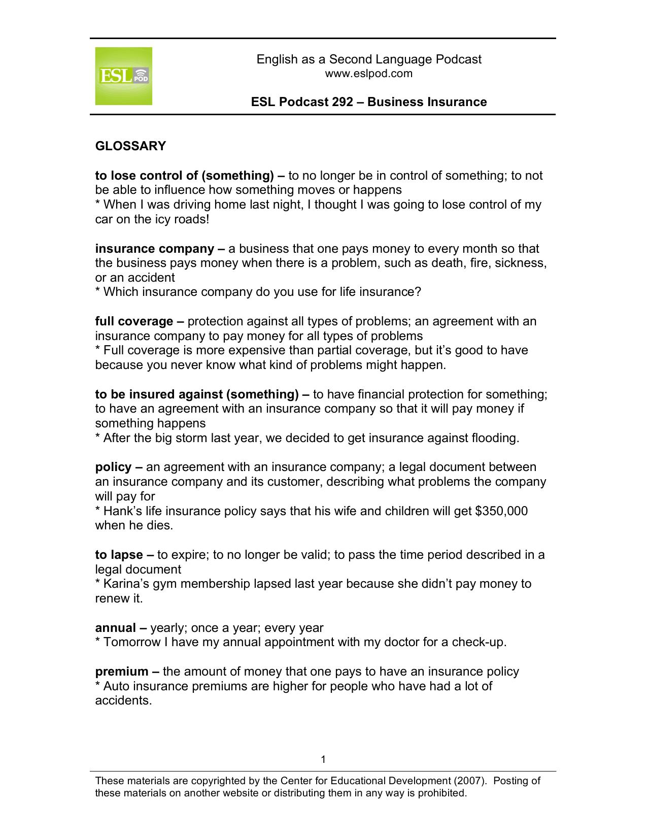 ESL Podcast 292 â Business Insurance by Unknown