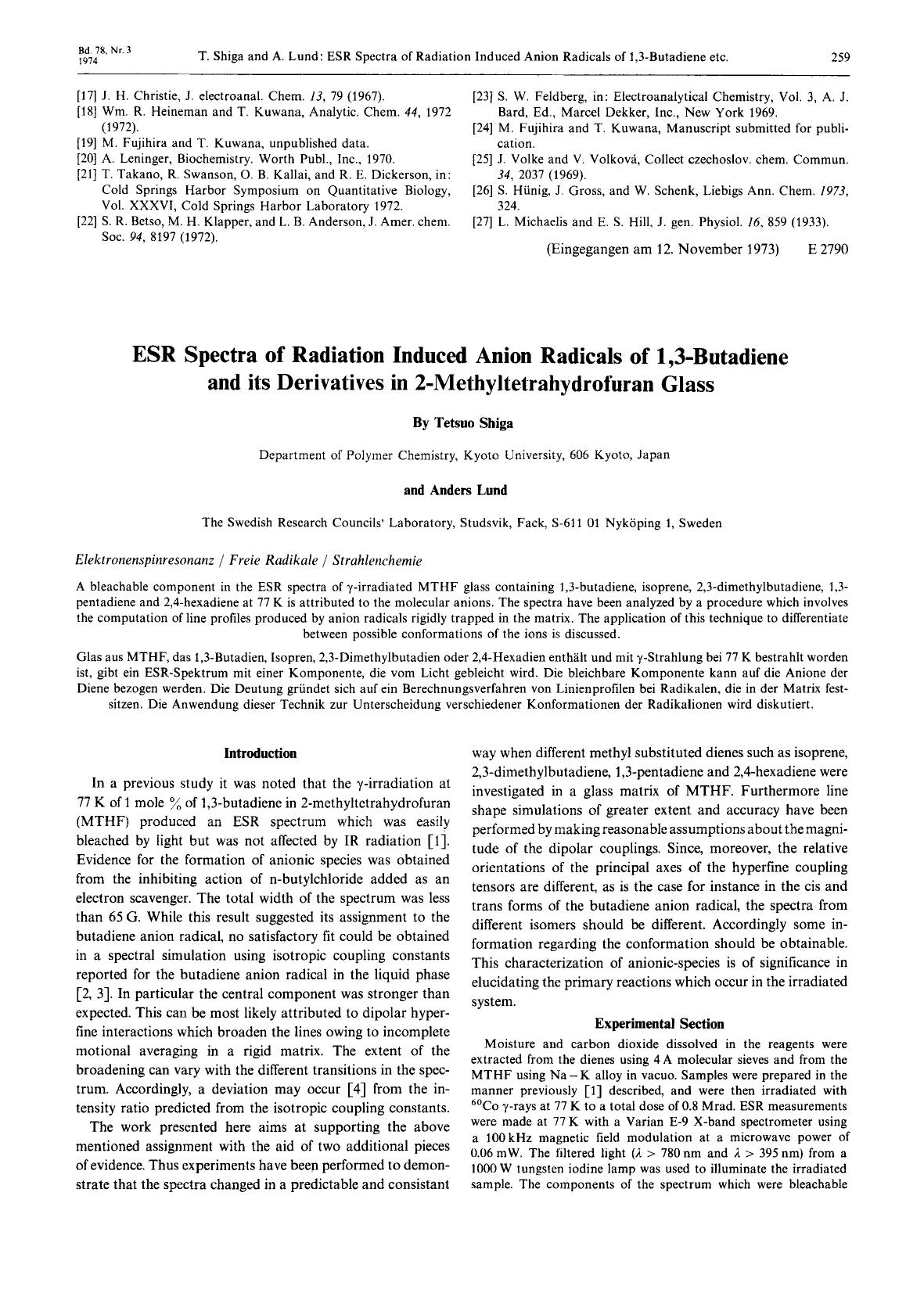 ESR Spectra of Radiation Induced Anion Radicals of 1,3-Butadiene and its Derivatives in 2-Methyltetrahydrofuran Glass by Unknown