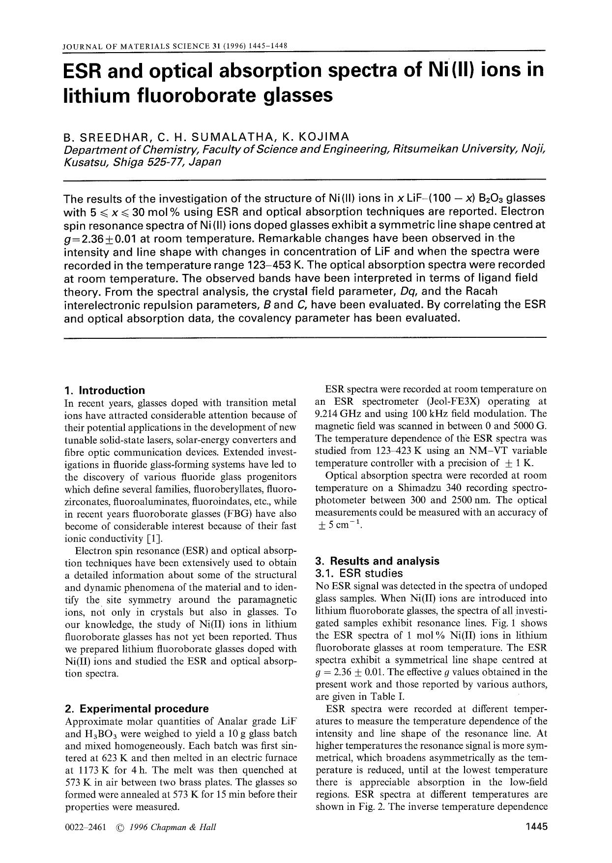 ESR and optical absorption spectra of Ni(II) ions in lithium fluoroborate glasses by Unknown