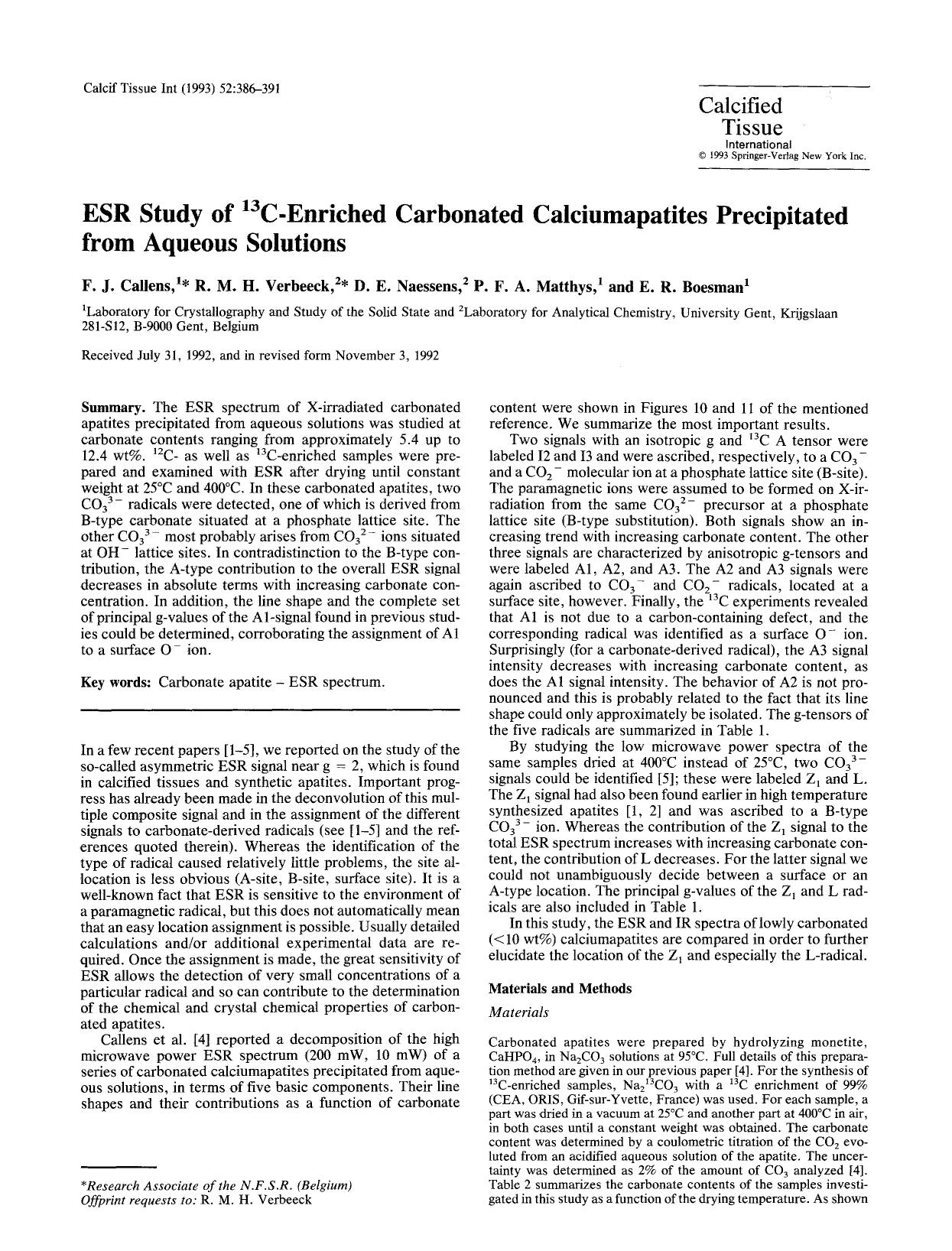 ESR study of <Superscript>13<Superscript>C-enriched carbonated calciumapatites precipitated from aqueous solutions by Unknown