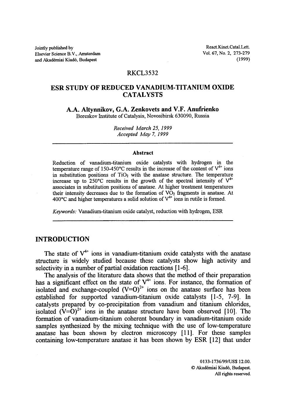 ESR study of reduced vanadium-titanium oxide catalysts by Unknown