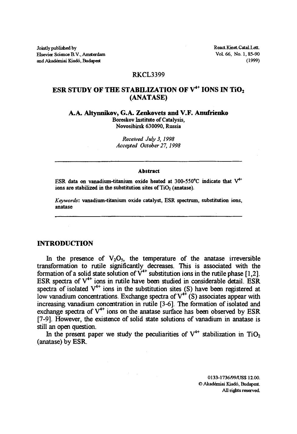 ESR study of the stabilization of V <Superscript>4+ <Superscript> ions in TiO <Subscript>2 <Subscript> (anatase) by Unknown