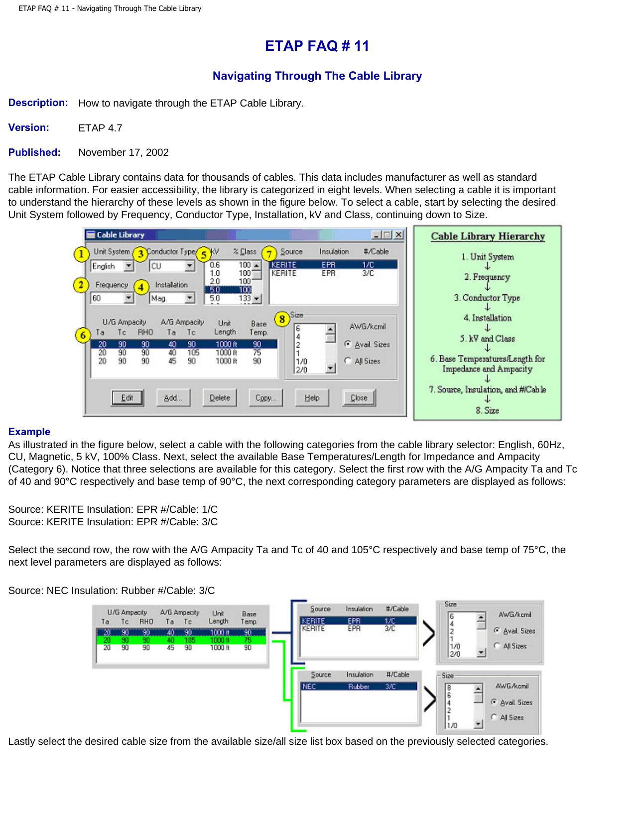 ETAP FAQ # 11 - Navigating Through The Cable Library by Navigate The Cable Library