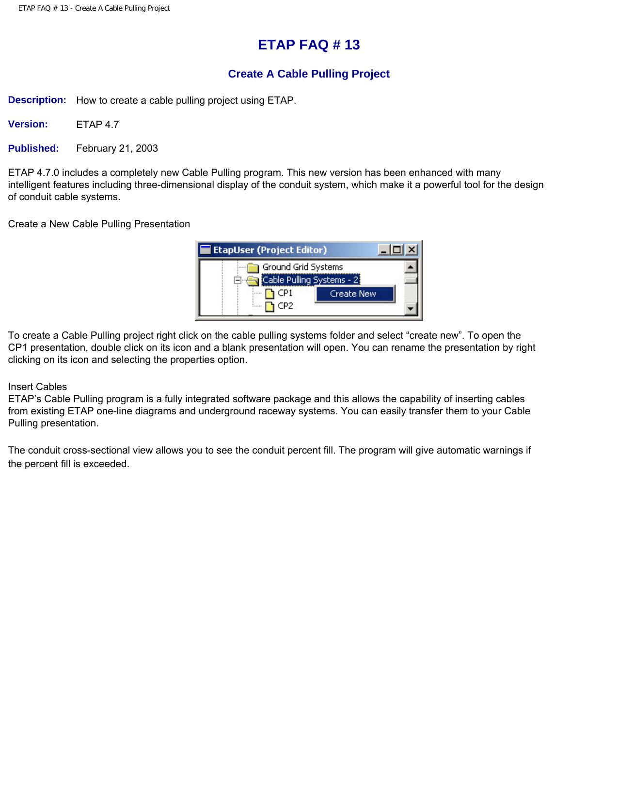 ETAP FAQ # 13 - Create A Cable Pulling Project by Cable Pulling Project