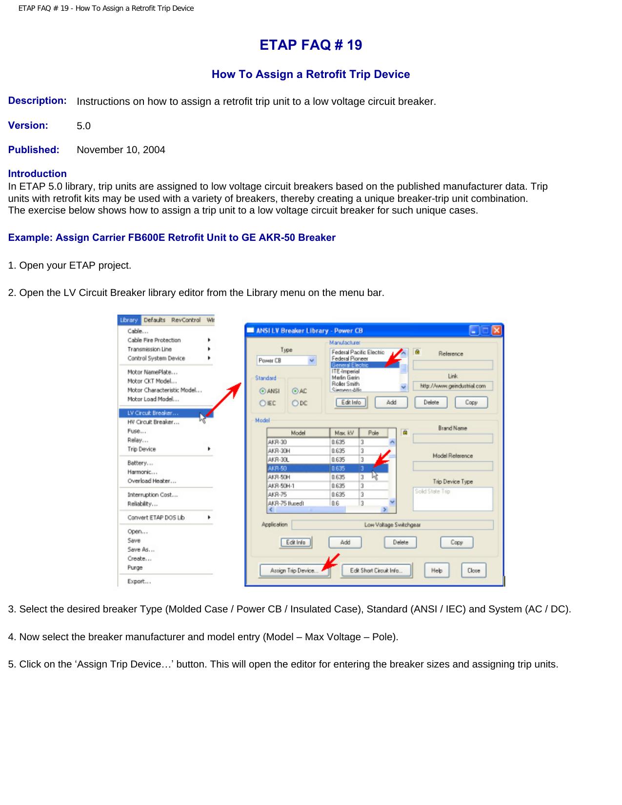 ETAP FAQ # 19 - How To Assign a Retrofit Trip Device by Assign A Retrofit Trip Device