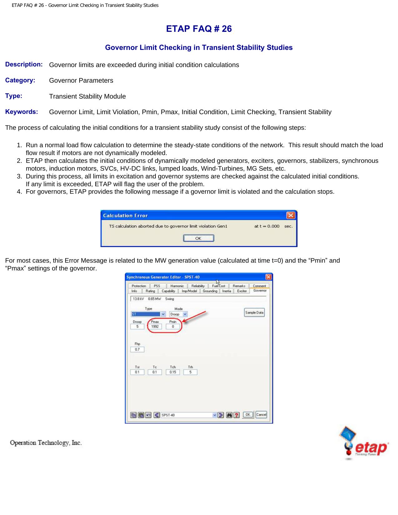 ETAP FAQ # 26 - Governor Limit Checking in Transient Stability Studies by Governor Limit Checking In Transient Stability Studies