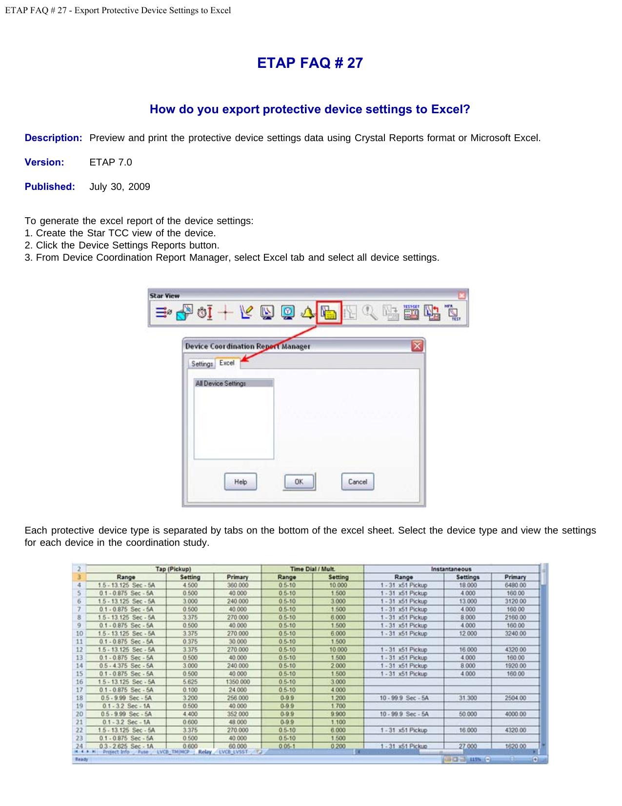 ETAP FAQ # 27 - Export Protective Device Settings to Excel by ETAP