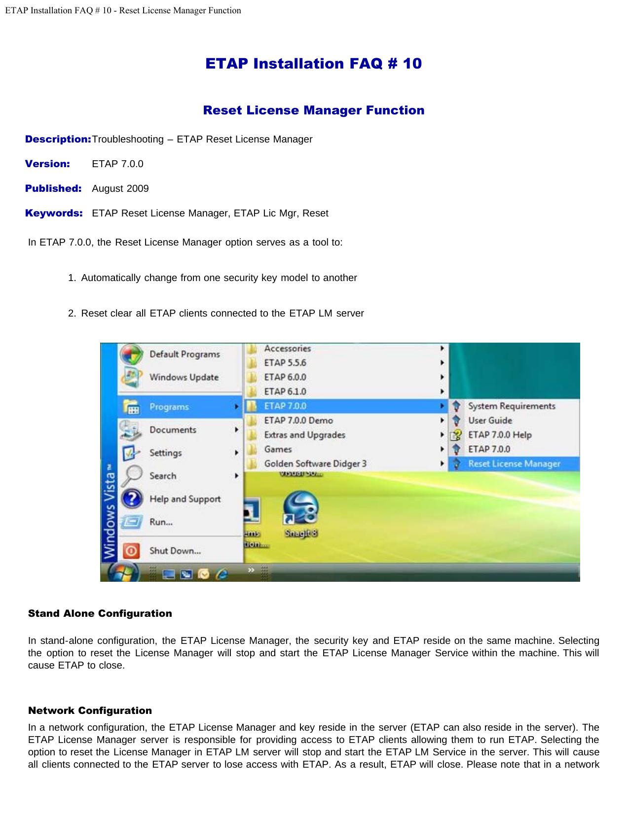 ETAP Installation FAQ # 10 - Reset License Manager Function by Reset License Manager Function