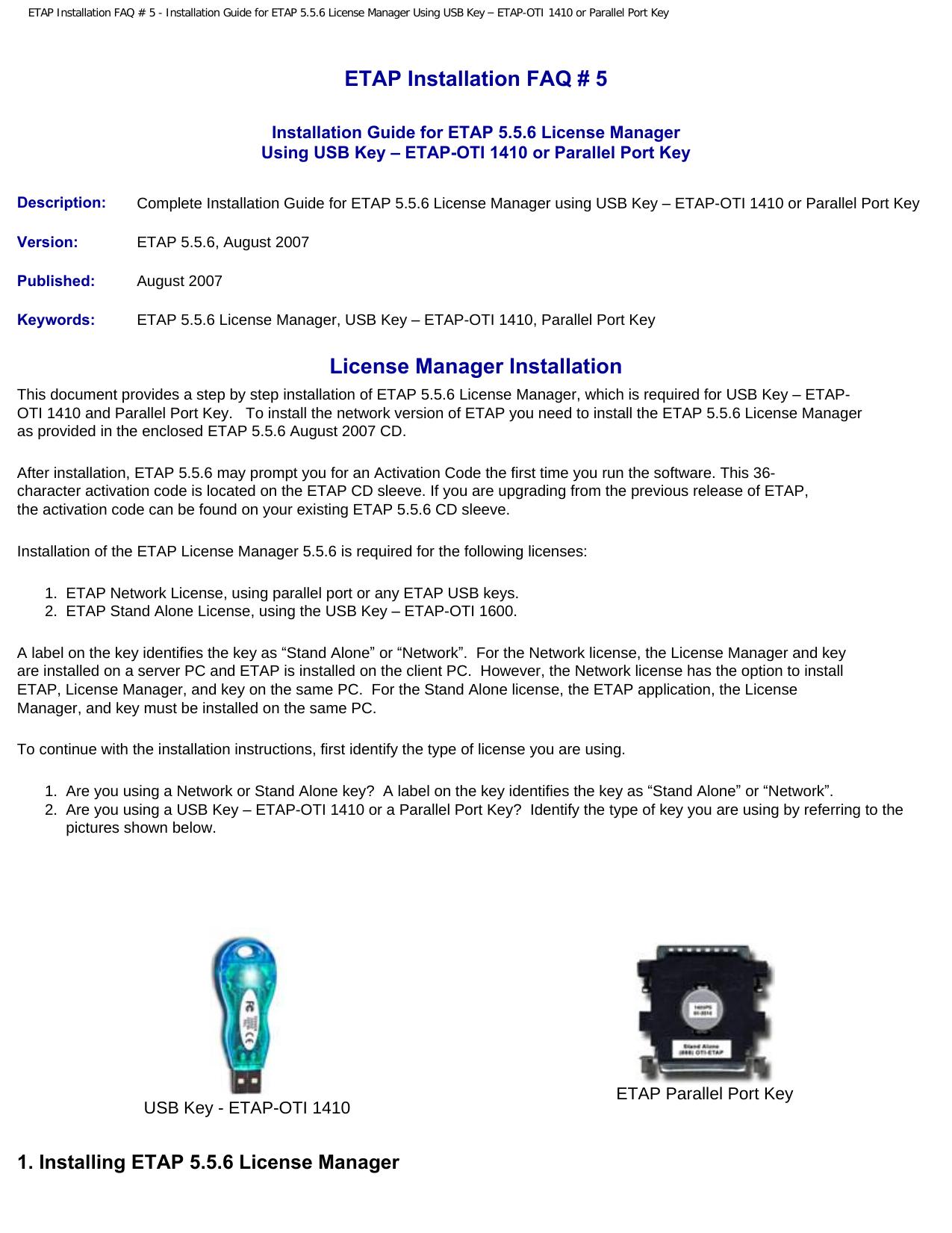 ETAP Installation FAQ # 5 - Installation Guide for ETAP 5.5.6 License Manager Using USB Key – ETAP-OTI 1410 or Parallel Port Key by ETAP
