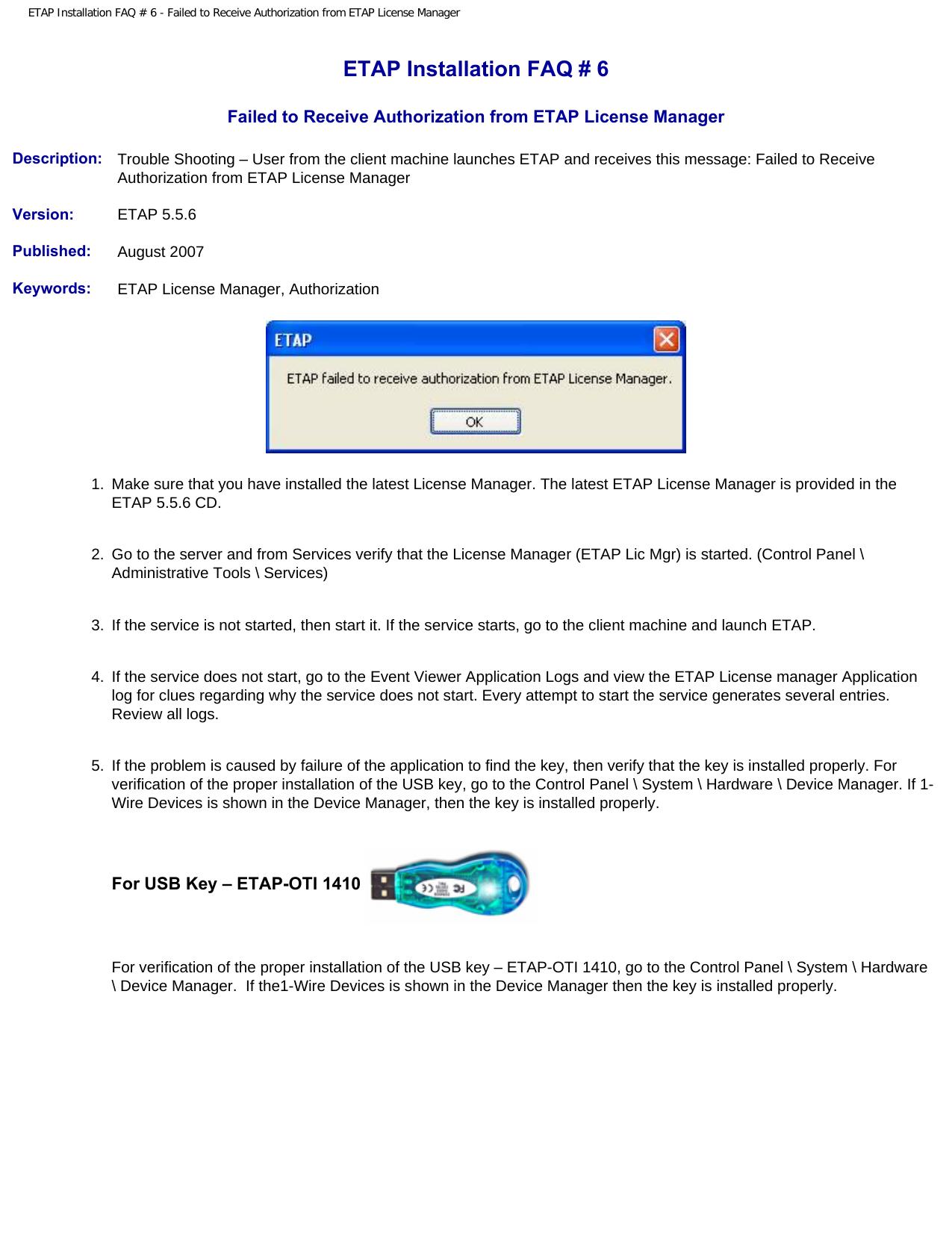ETAP Installation FAQ # 6 - Failed to Receive Authorization from ETAP License Manager by Authrization From License Manager