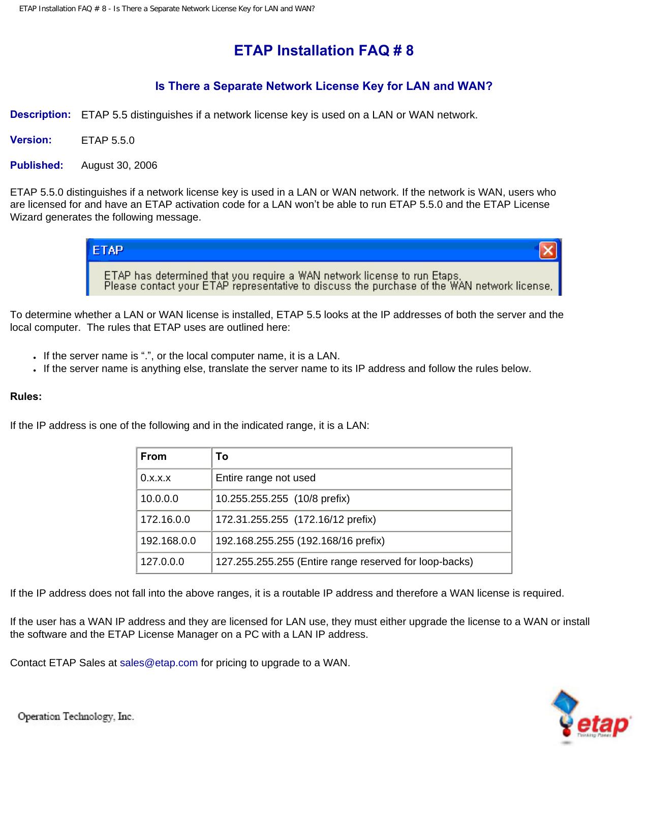 ETAP Installation FAQ # 8 - Is There a Separate Network License Key for LAN and WAN? by Unique Lan Or Wan Key