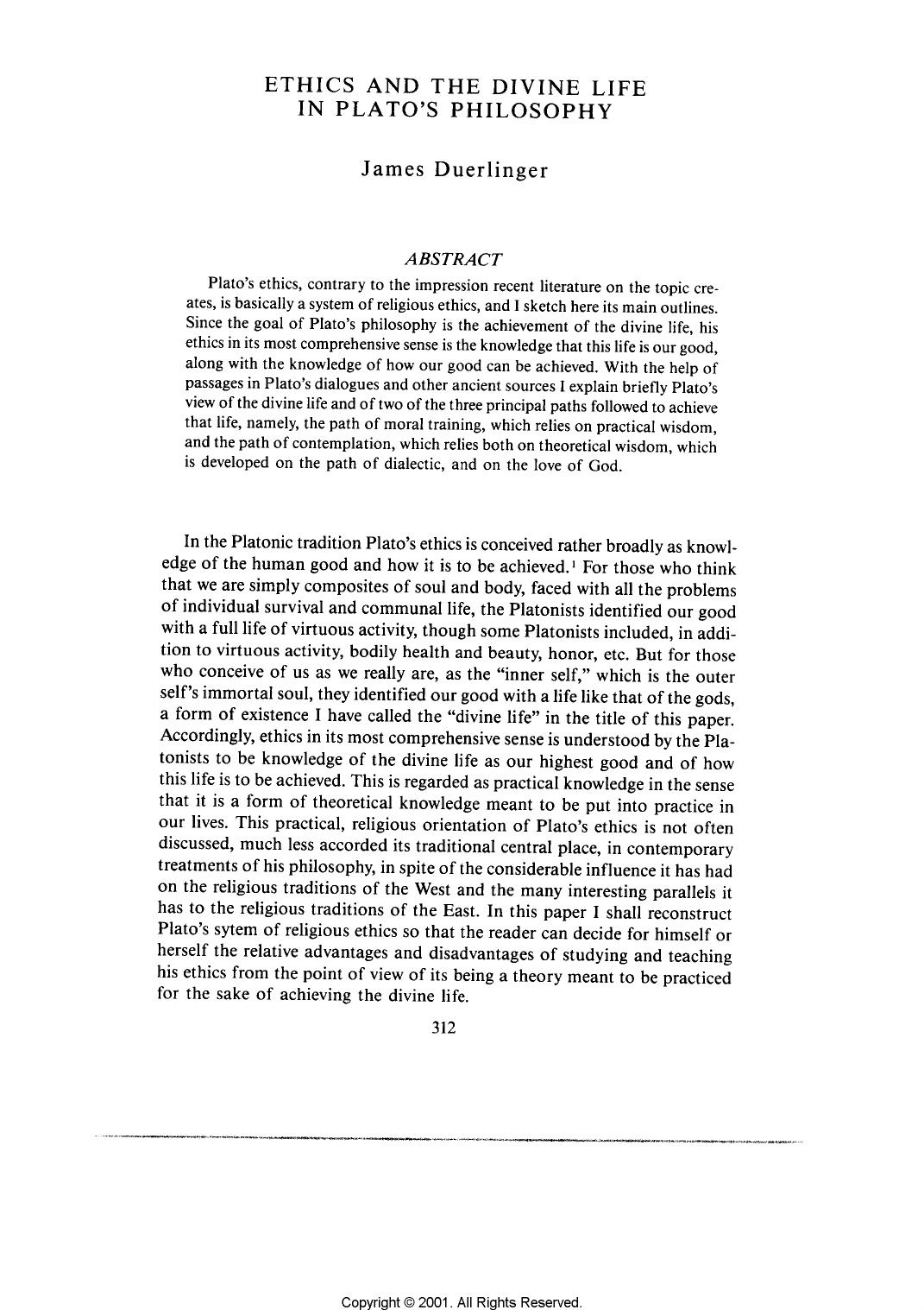 ETHICS AND THE DIVINE LIFE IN PLATO'S PHILOSOPHY. by Unknown