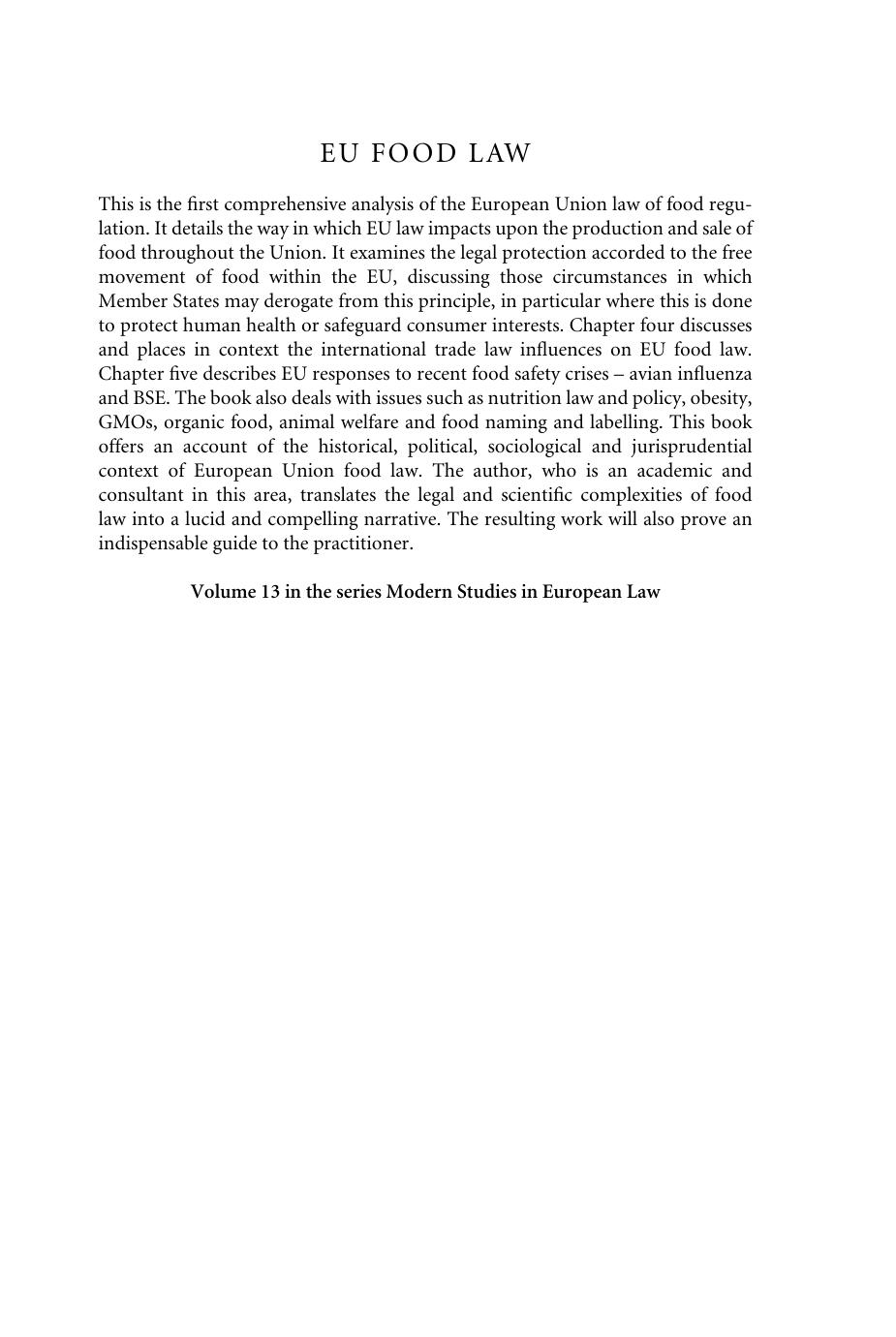 EU Food Law: Protecting Consumers and Health in a Common Market by Caoimhin MacMaolain