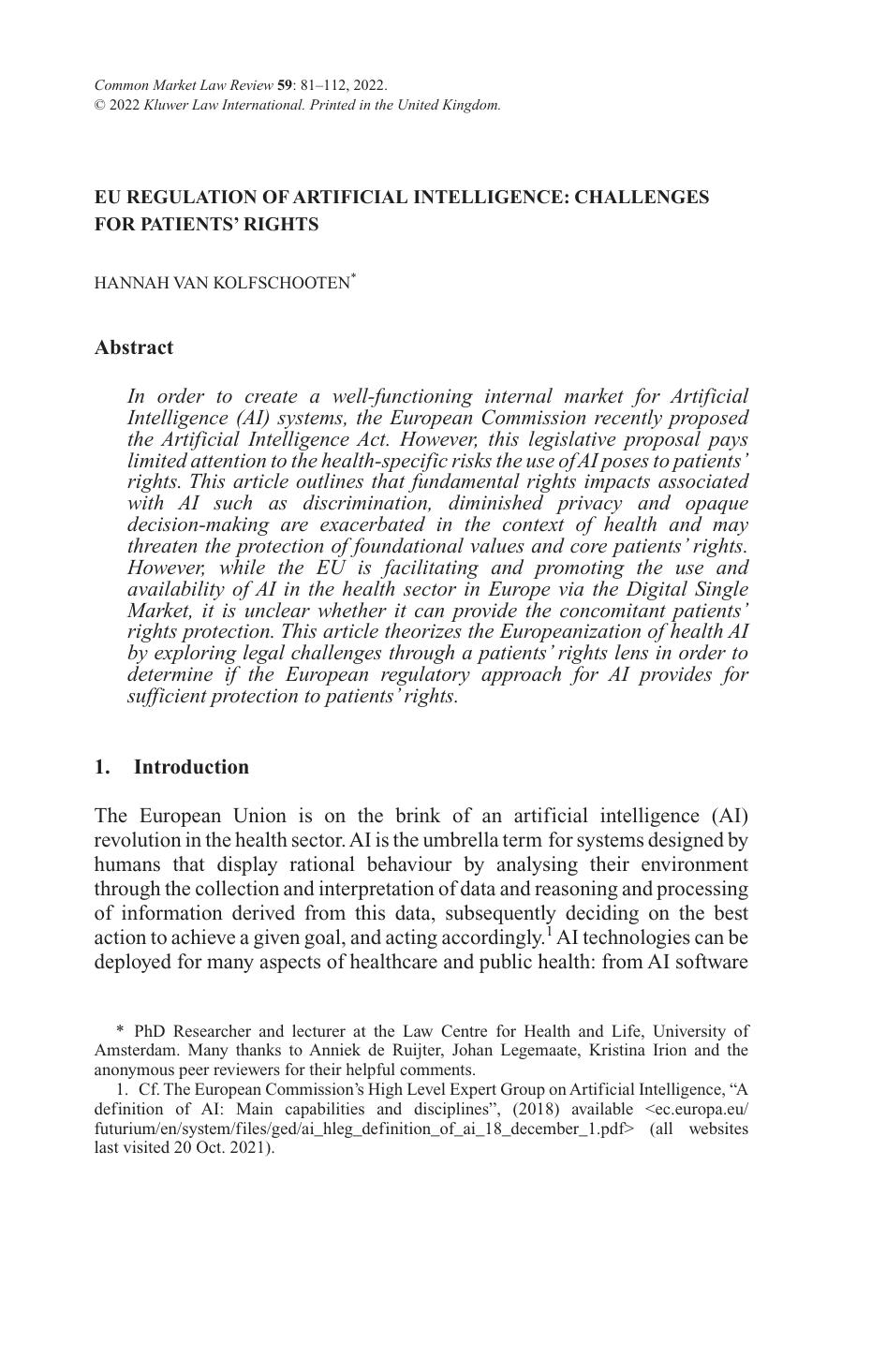 EU regulation of artificial intelligence: Challenges for patientsâ rights by Hannah van Kolfschooten