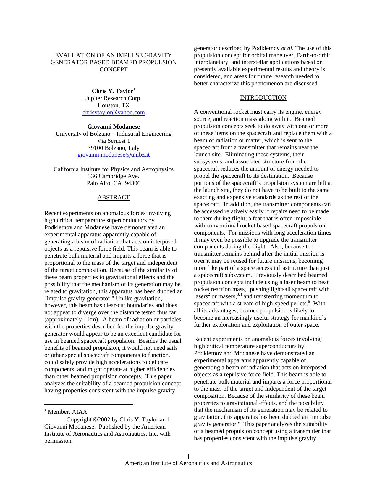 EVALUATION OF AN IMPULSE GRAVITY GENERATOR BASED BEAMED PROPULSION CONCEPT by Chris Taylor