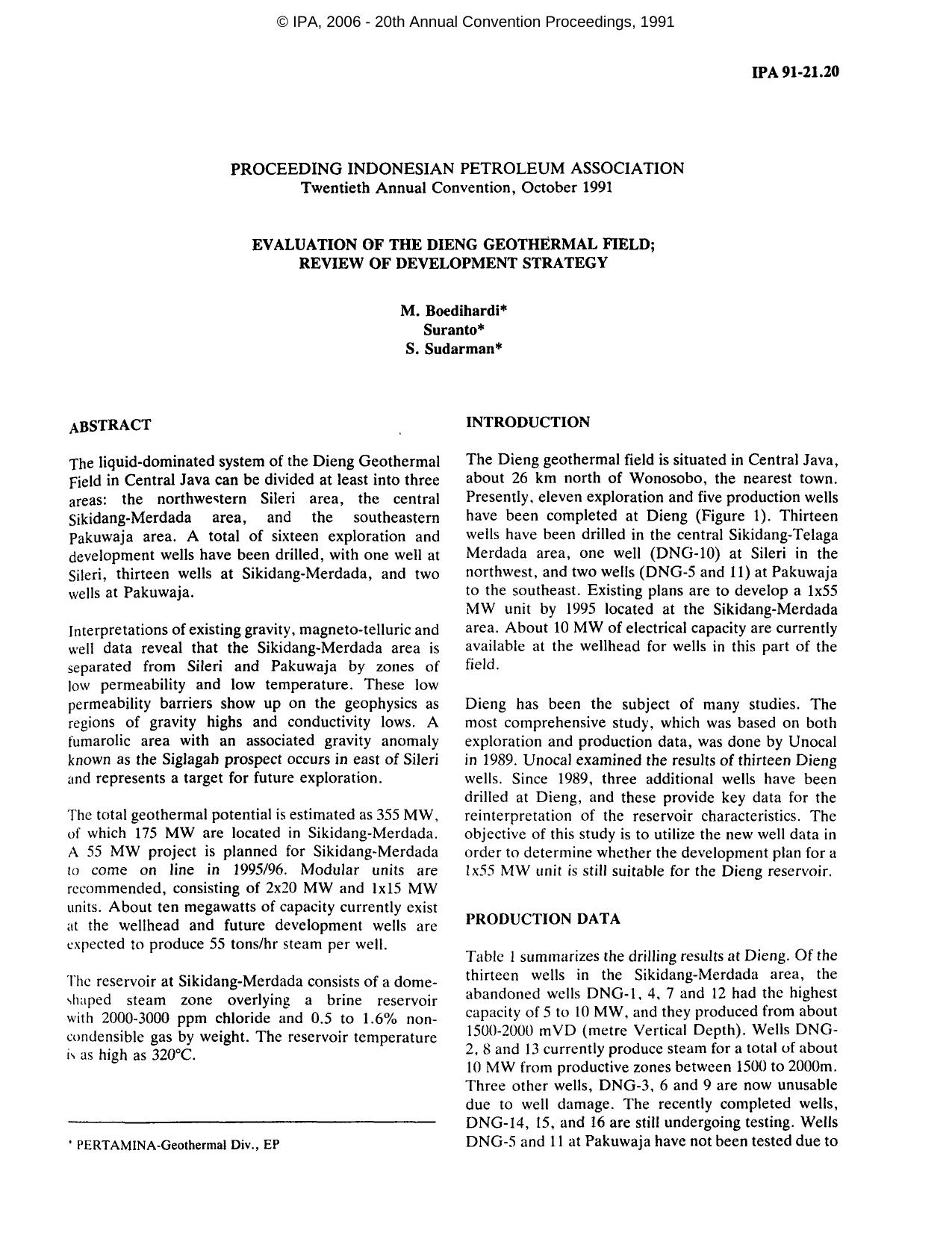 EVALUATION OF THE DIENG GEOTHERMAL FIELD; REVIEW OF DEVELOPMENT STRATEGY by M. Boedihardi Suranto S. Sudarman