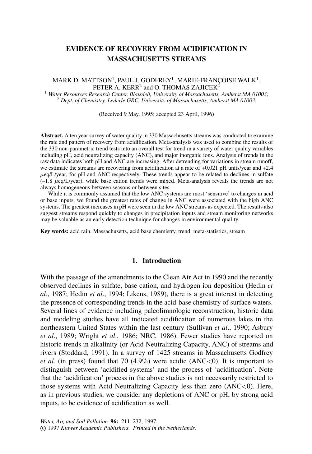 EVIDENCE OF RECOVERY FROM ACIDIFICATION IN MASSACHUSETTS STREAMS by Unknown