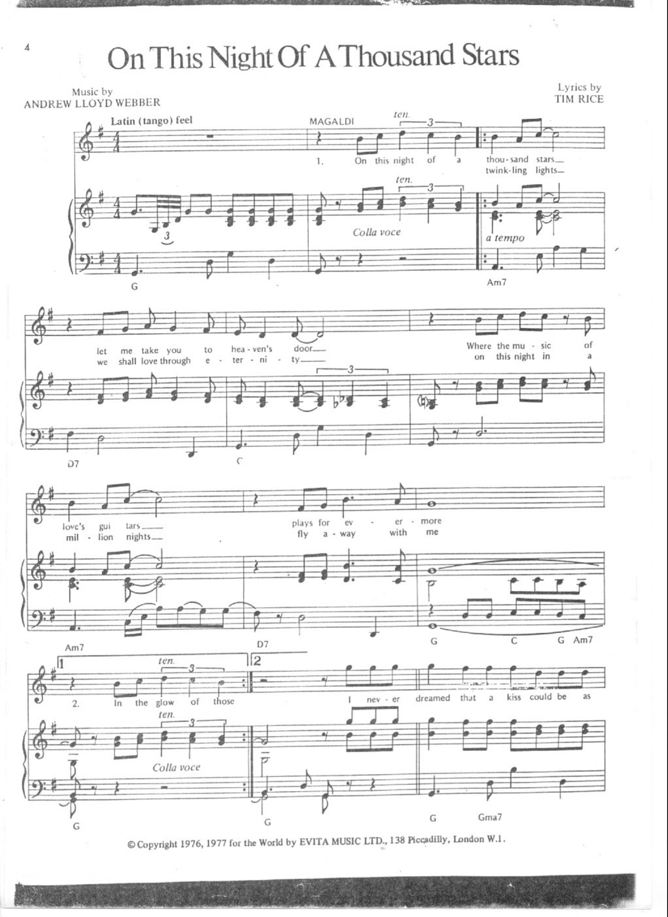 EVITA Andrew Lloyd Weber Music Sheet vocal, piano by Unknown