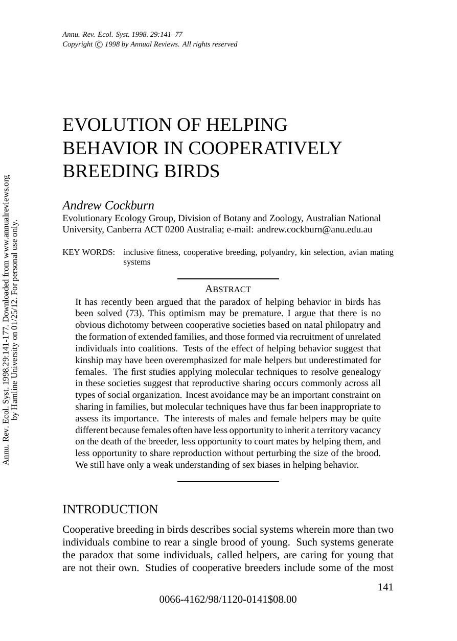 EVOLUTION OF HELPING BEHAVIOR IN COOPERATIVELY BREEDING BIRDS by Andrew Cockburn