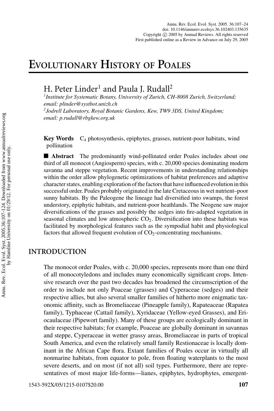 EVOLUTIONARY HISTORY OF POALES by H. Peter Linder1 & Paula J. Rudall2