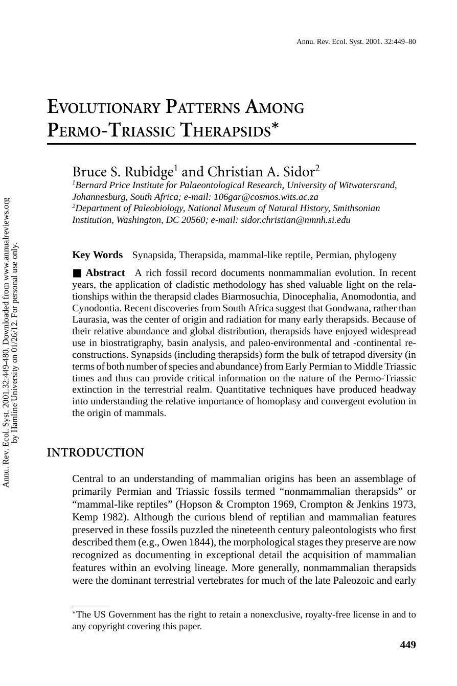 EVOLUTIONARY PATTERNS AMONG PERMO-TRIASSIC THERAPSIDS1 by Bruce S. Rubidge1 & Christian A. Sidor2