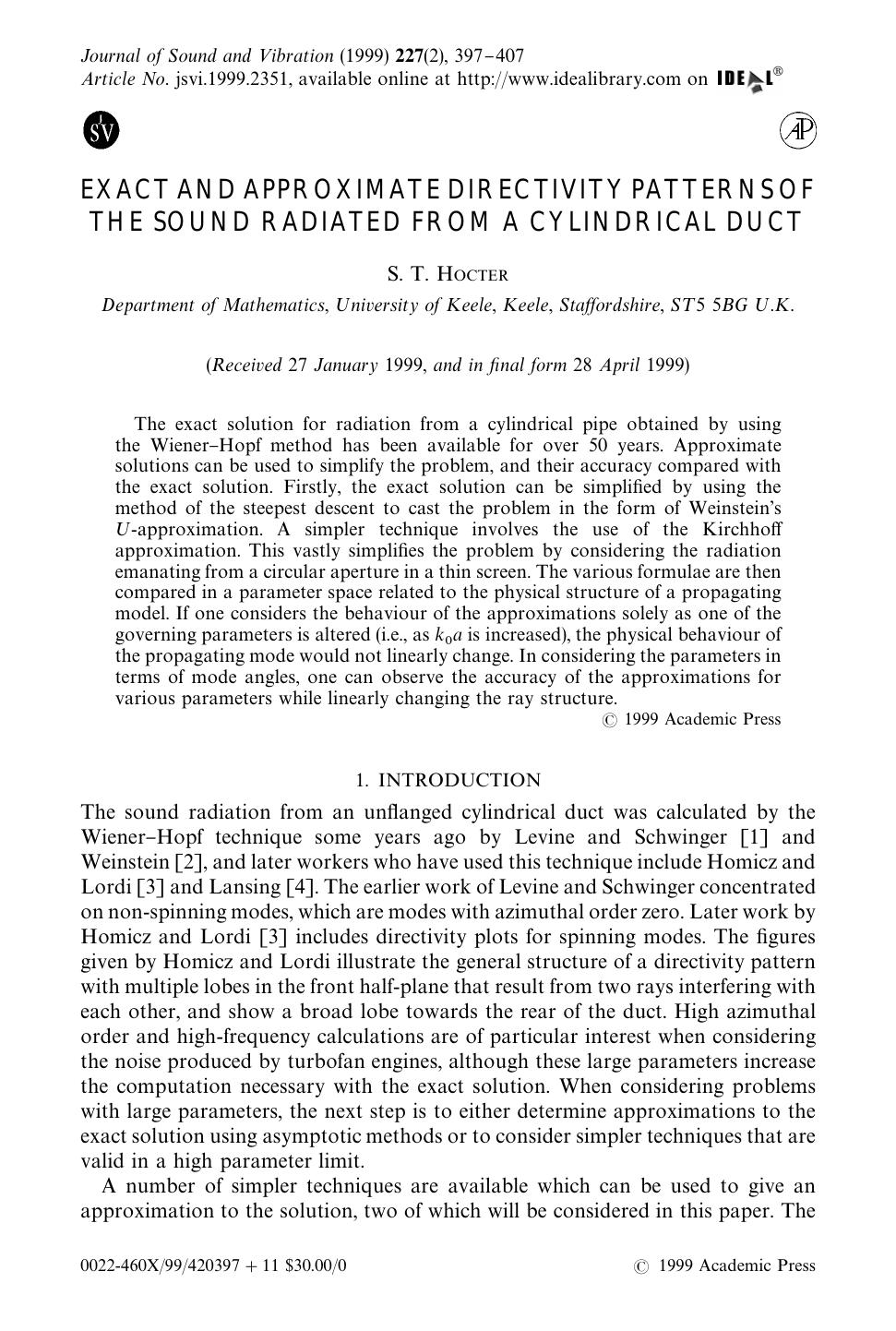 EXACT AND APPROXIMATE DIRECTIVITY PATTERNS OF THE SOUND RADIATED FROM A CYLINDRICAL DUCT by HOCTER S. T