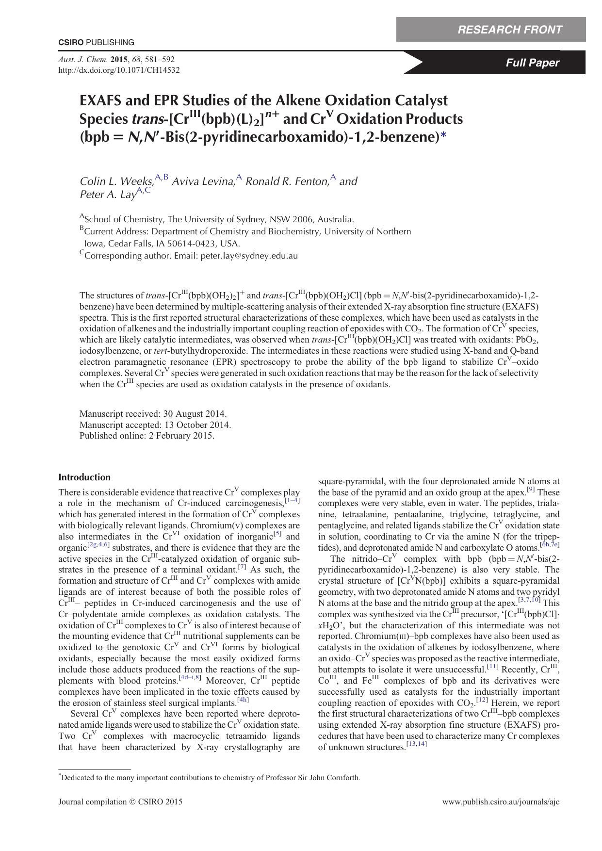 EXAFS and EPR Studies of the Alkene Oxidation Catalyst Species trans-[CrIII(bpb)(L)2]n+ and CrV Oxidation Products (bpb&thinsp;=&thinsp;N,N&prime;-Bis(2-pyridinecarboxamido)-1,2-benzene)* by C. L. Weeks et al