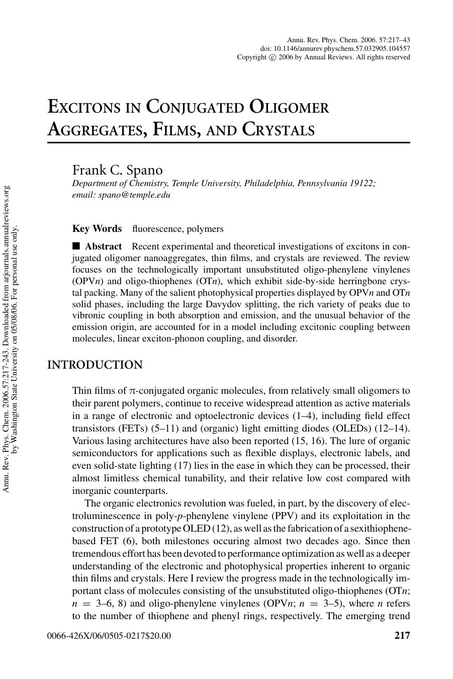 EXCITONS IN CONJUGATED OLIGOMER AGGREGATES, FILMS, AND CRYSTALS by Frank C. Spano