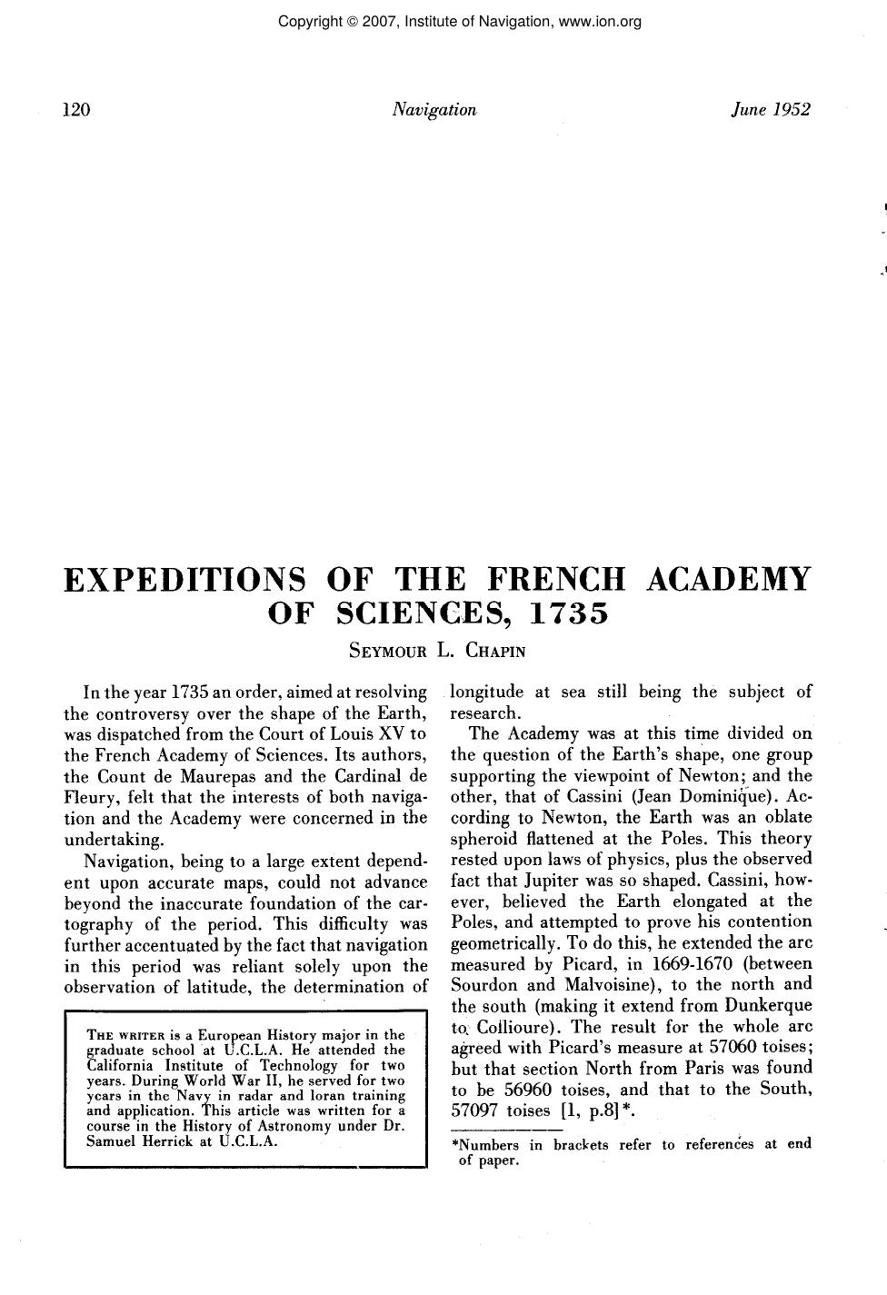 EXPEDITIONS OF THE FRENCH ACADEMY OF SCIENCES, 1735 by SEYMOUR L. CHAPIN