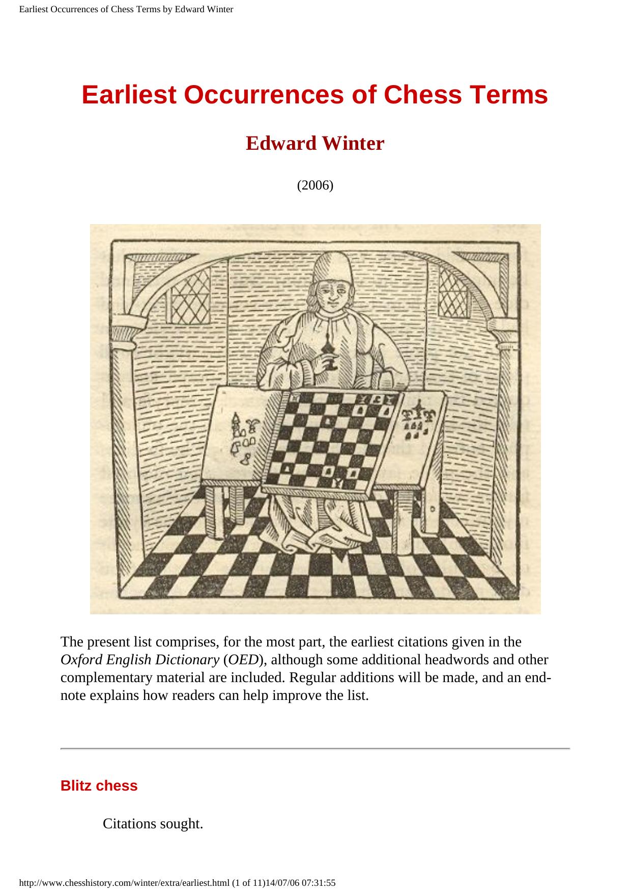 Earliest Occurrences of Chess Terms by Edward Winter
