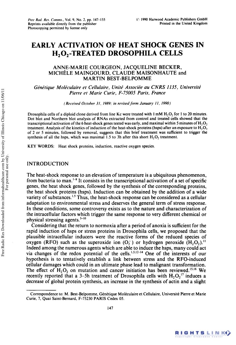 Early Activation of Heat Shock Genes in H2O2-Treated Drosophila Cells by unknow