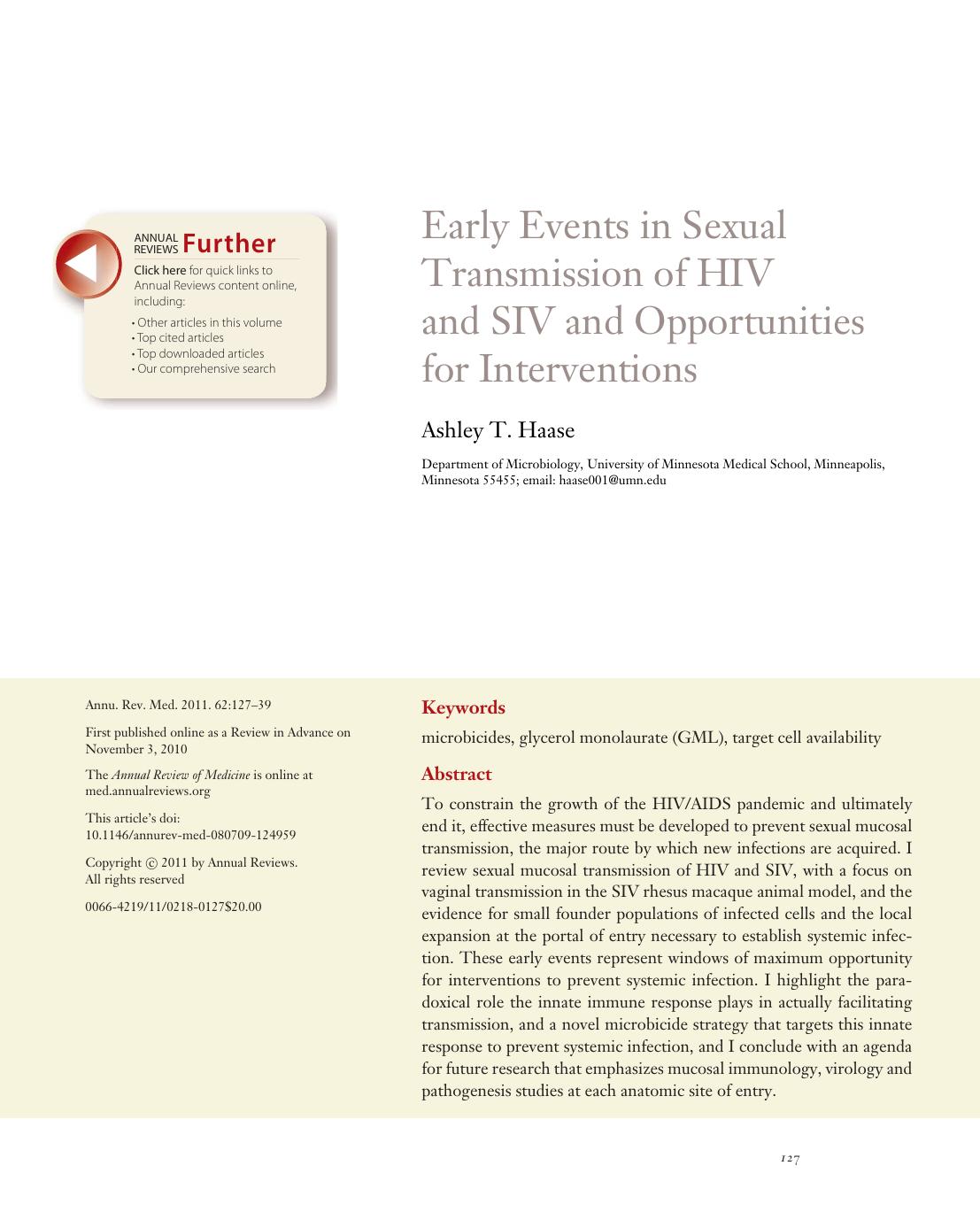 Early Events in Sexual Transmission of HIV and SIV and Opportunities for Interventions by Ashley T. Haase
