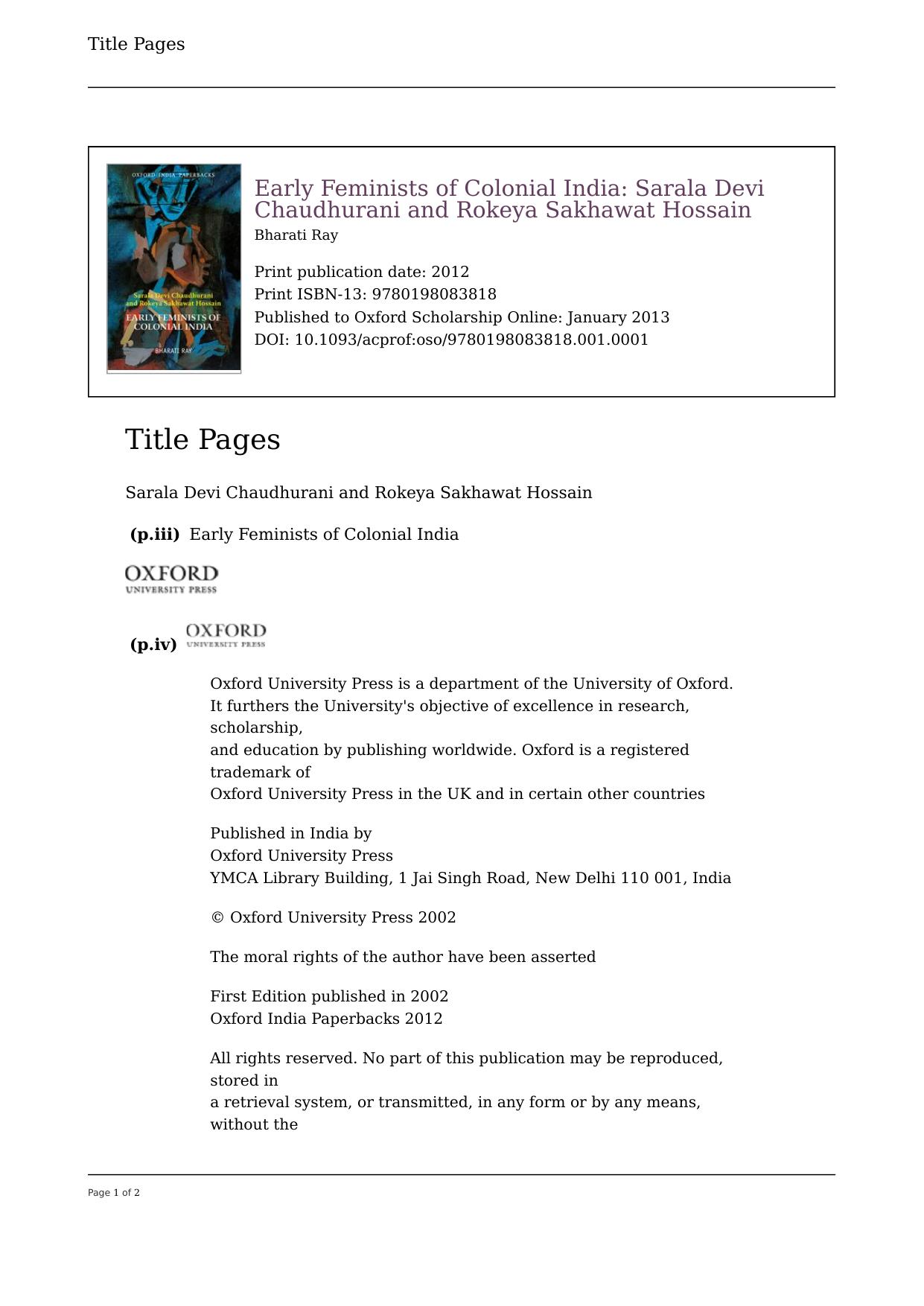 Early Feminists of Colonial India: Sarala Devi Chaudhurani and Rokeya Sakhawat Hossain by Bharati Ray