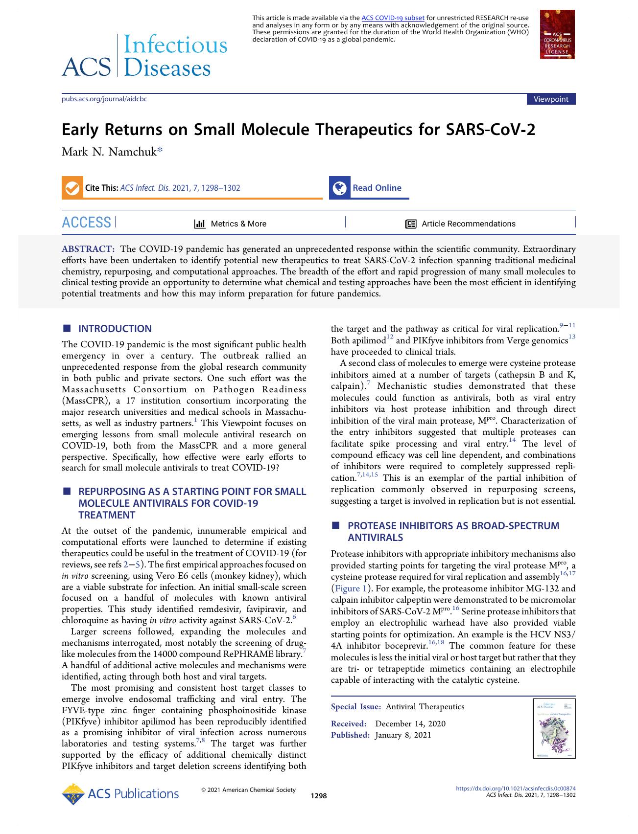 Early Returns on Small Molecule Therapeutics for SARS-CoV-2 by Mark N. Namchuk