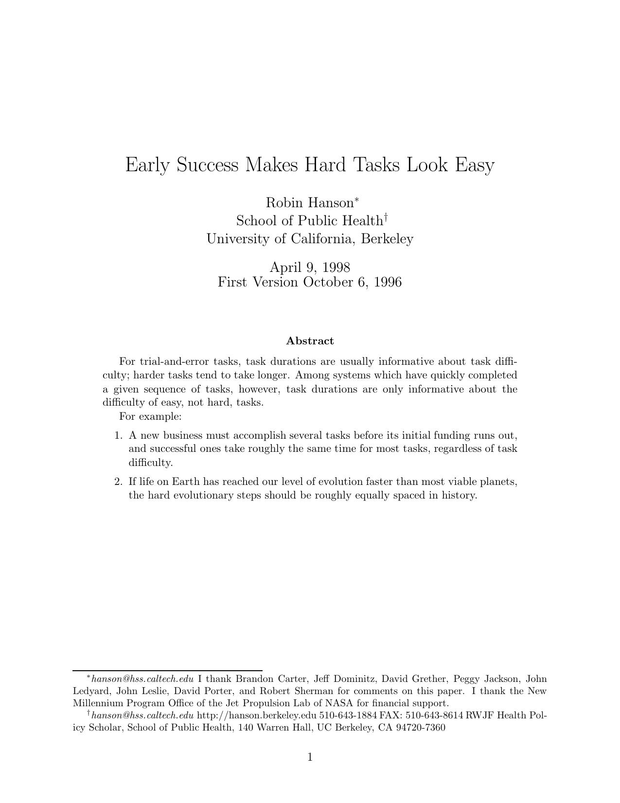 Early Success Makes Hard Tasks Look Easy by Robin Hanson