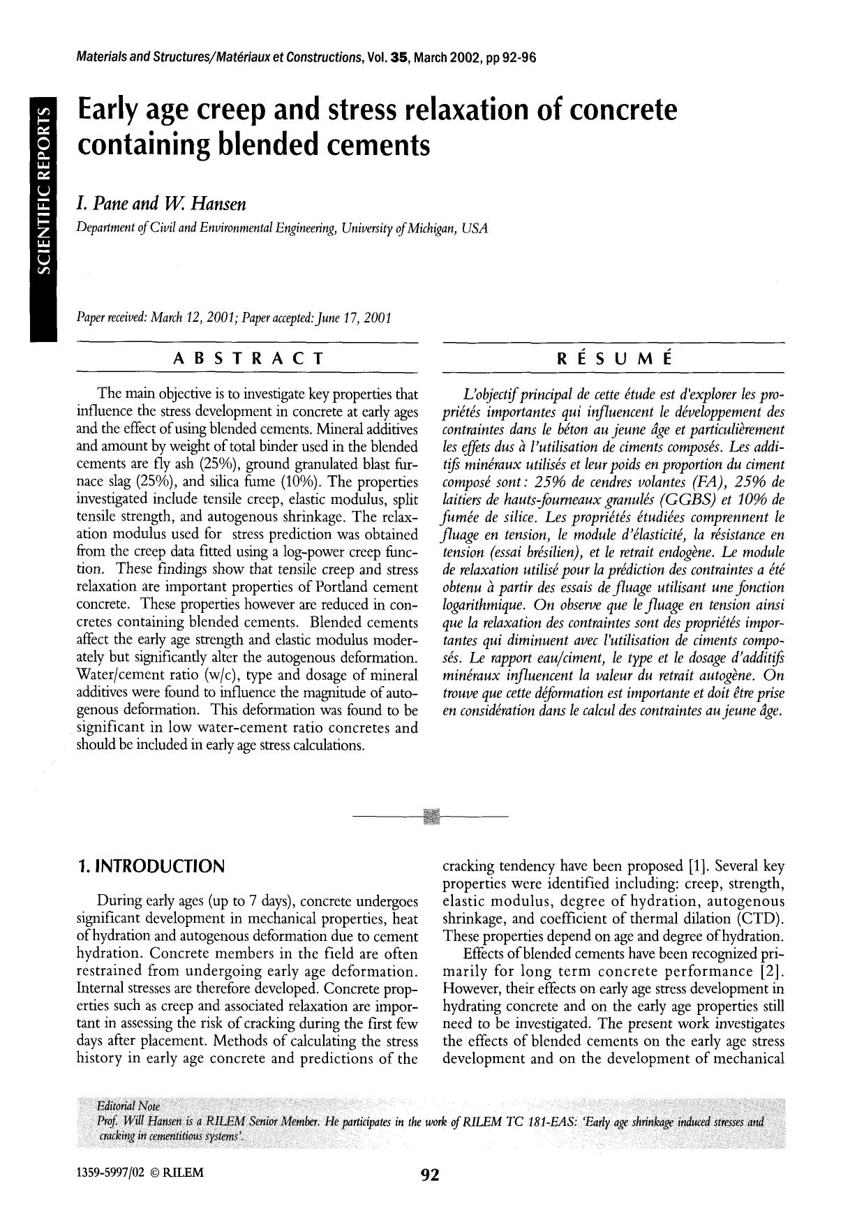Early age creep and stress relaxation of concrete containing blended cements by Unknown