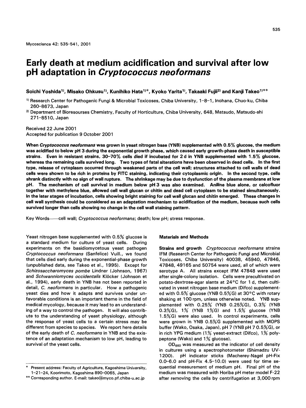 Early death at medium acidification and survival after low pH adaptation in <Emphasis Type="Italic">Cryptococcus neoformans <Emphasis> by Unknown