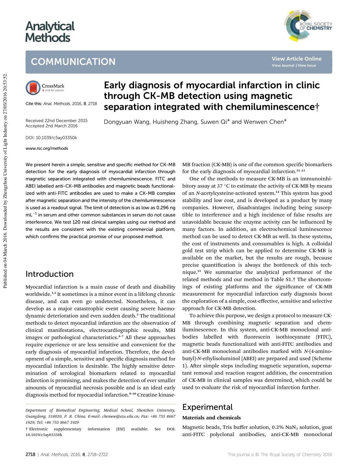 Early diagnosis of myocardial infarction in clinic through CK-MB detection using magnetic separation integrated with chemiluminescence by Dongyuan Wang & Huisheng Zhang & Suwen Qi & Wenwen Chen